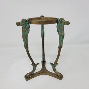 Vintage Brass Seahorse Tripod Plant/Candle Stand Verdigris Patina Made in India